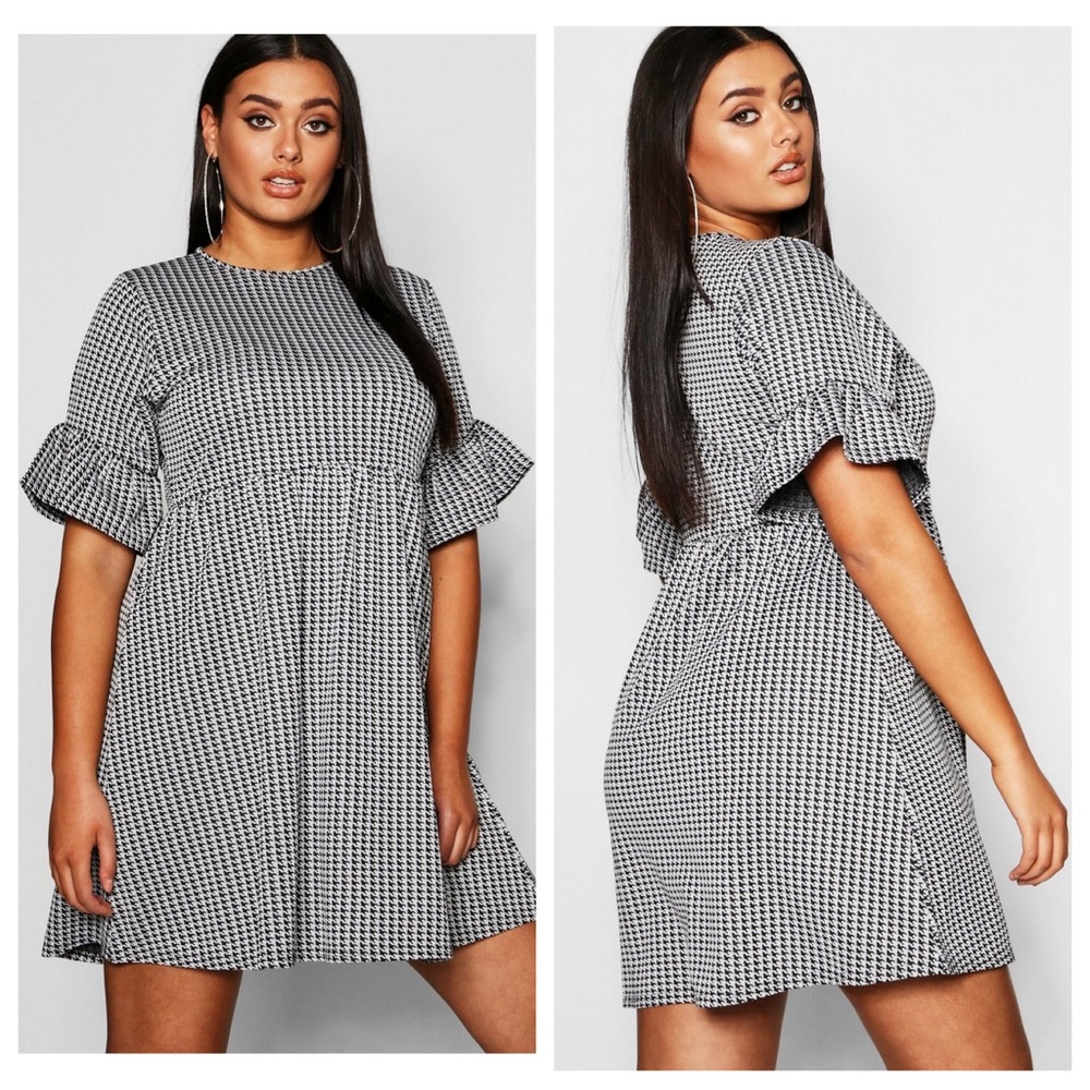 Boohoo Houndstooth Babydoll Dress with Ruffle Short Sleeve in Women’s US Size 14